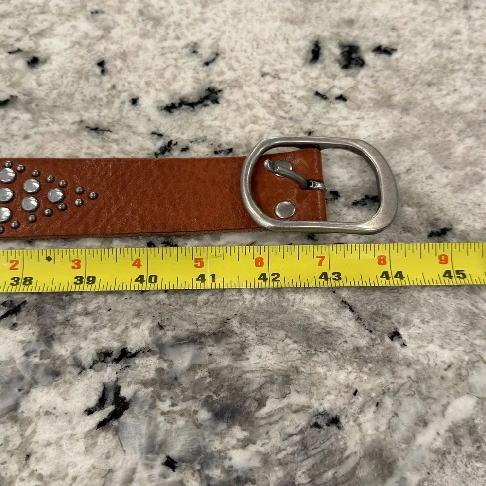 Y2K VTG Fossil Brown Leather Belt Silver Studs Grommets Clear Rhinestones Sz Lg‎